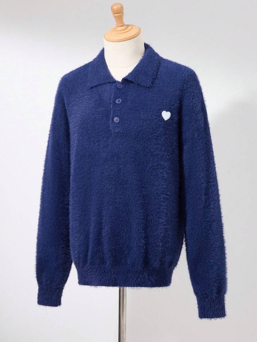 Claim Dot Maglione a maniche lunghe con mezza patta e bottoni, con ricamo a cuore, stile streetwear, maglione polo con bottoni, in maglia, da uomo, colore blu navy, maglione con ricamo a cuore - Blu reale - Visualizzare 1