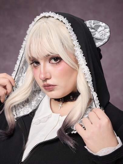 Goth Plus Size Women Casual Commuter Cute 3D Cat Ear Contrast Lace Ruffle Hem Zip Up Fitted Hoodie Sweatshirt