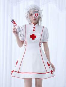 ROMWE EDITION 洛丽塔护士风角色扮演可爱甜美十字绣泡泡袖迷你连衣裙（女款） - 白色 - 查看 8