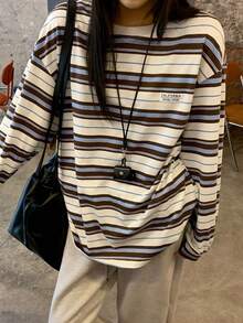 DAZY 女士条纹圆领落肩长袖字母印花休闲T恤 - 彩色 - 查看 9