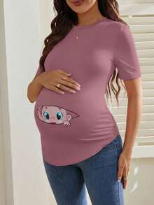 SHEIN Camiseta de manga corta con cuello redondo, estampado de dibujos animados lindo y casual para maternidad, verano - Rosa - Ver 5