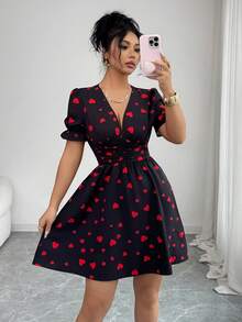 Elenzga Women's Elegant Heart Print V-Neck Ruffle Sleeve Waist Cinched Midi Dress, Summer - Multicolor - View 3