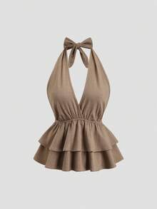 Sweetra Petite Bộ đồ nữ màu cà phê gồm áo cổ yếm chữ V buộc dây sau lưng và quần ống loe thoải mái thời trang, thích hợp cho mùa xuân/hè. - Cà phê nâu - Xem 3