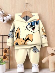 SHEIN 男婴休闲宽松舒适针织柔软经典可爱兔子、小狗动物图案印花连帽运动服套装，适合秋冬季 - 彩色 - 查看 3