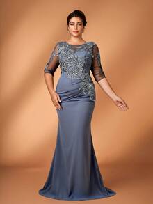 Serin Váy dài tay cổ tròn đính hạt xếp nếp đính sequin màu xám sang trọng thanh lịch cỡ lớn, thích hợp cho tiệc tối, hẹn hò, dạ hội, đám cưới, tiệc chia tay thời con gái - Màu xám đen - Xem 8