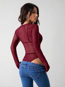 SHEIN PETITE 透视网纱连体衣，不含内衣 - 酒紅色 - 查看 3