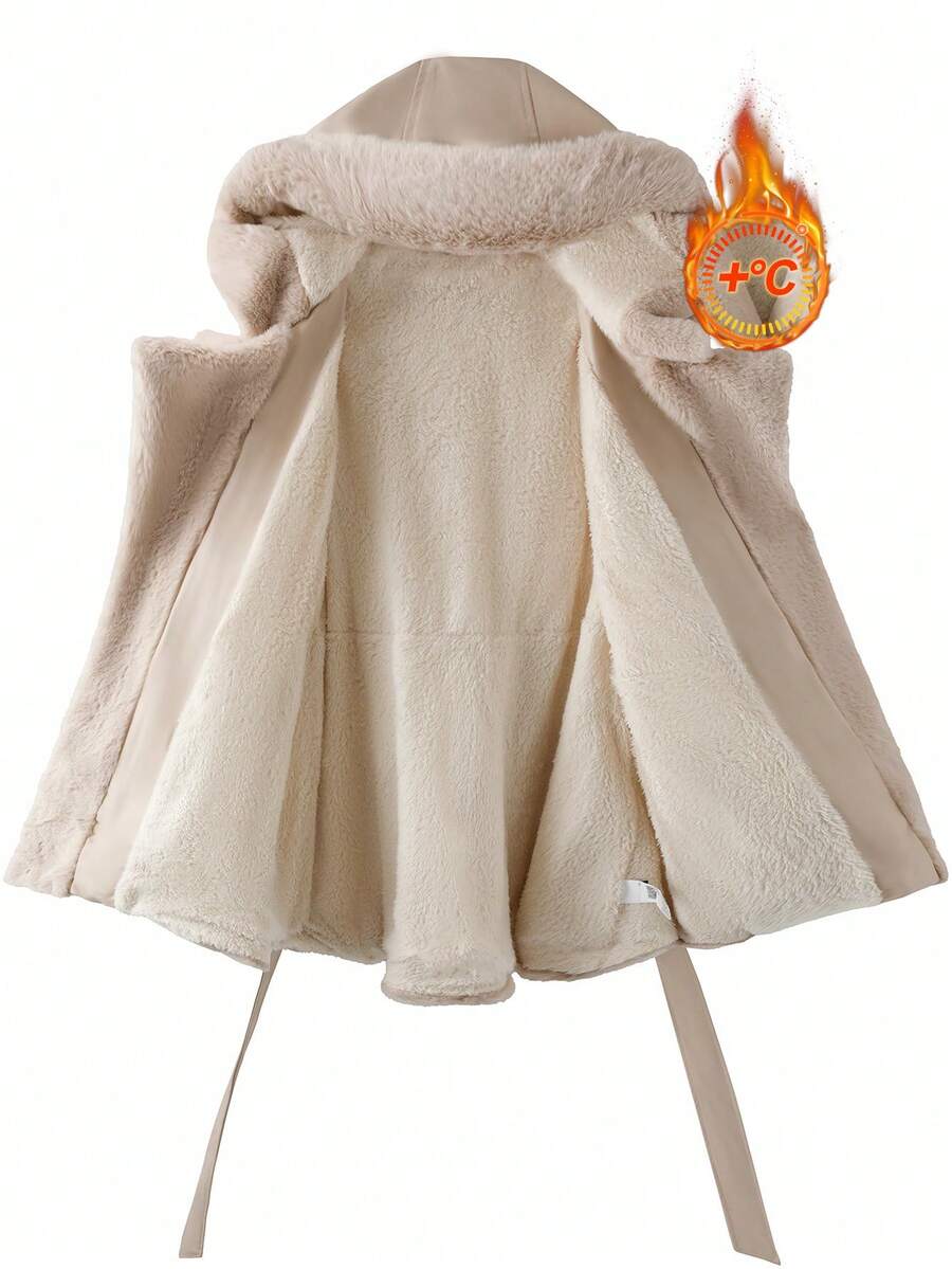 SHEIN Clasi Women's Plus-Size Elegant Winter Parka,Rabbit Fur Lined Hooded PU Jacket With Belted Waist,Faux Fur Patchwork Long-Sleeved Hiking Casual Warm Coat