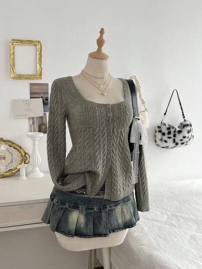 Sunspun Plus Size Women Vintage Casual Cable Knit Single-Breasted Long Sleeve Cardigan Sweater, Suitable For Autumn/Winter, Spring, Vacation, Commute, Indoor/Outdoor Wear, Great Gift Casual Clothes Sweater Top Knit Top Women Knitted Tops European Style Clothes