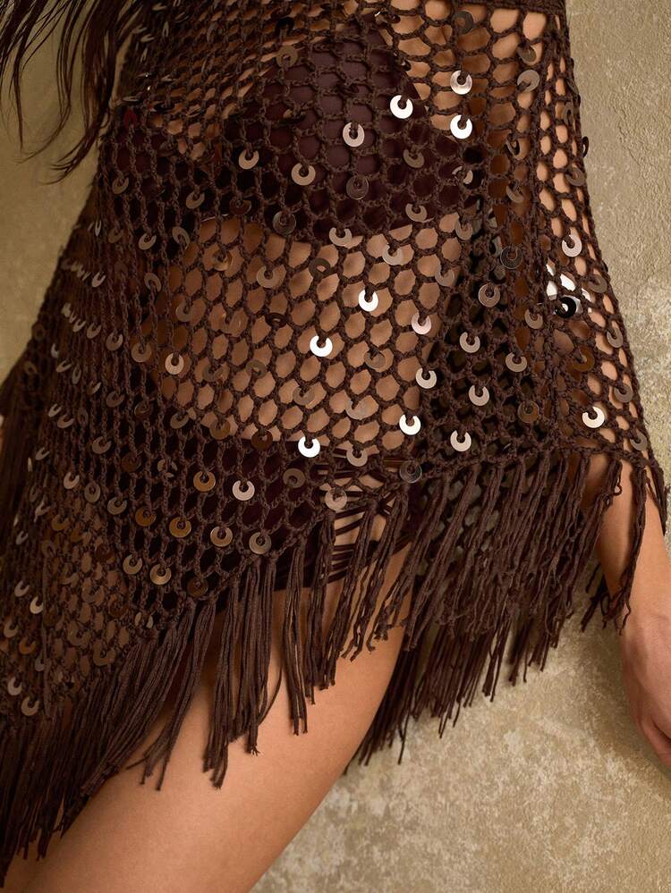 HANDMADE CROCHET TASSELED ASYMMETRIC HEM BOHO VACATION SHAWL