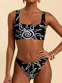 Swim Vcay Women's Casual Vacation Beach Party Black & White Printed Sleeveless Top And Versatile Swimsuit Bottom 2-Piece Swimwear Set, Spring/Summer