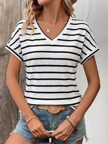 SHEIN LUNE Women's Summer Casual Striped Short Sleeve T-Shirt - Multicolor - View 4