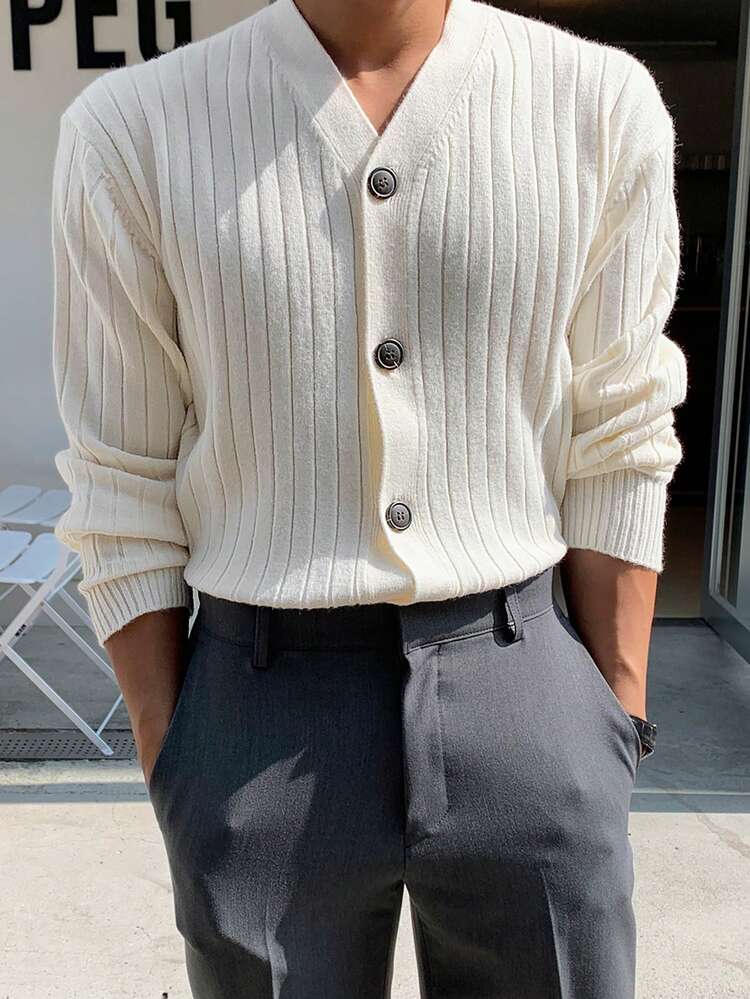 Apricot V-Neck Men's Long Sleeve Single-Breasted Knitted Cardigan, Autumn