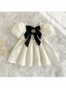 Loomiva Newborn Baby Girl Contrast Bow Round Neck Puff Sleeve Waist Tie Dress