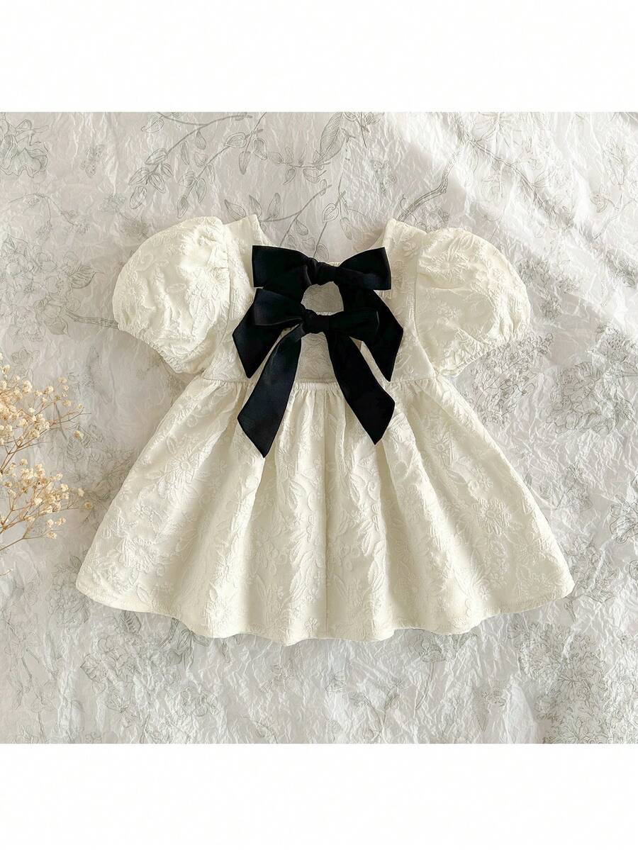 Loomiva Newborn Baby Girl Contrast Bow Round Neck Puff Sleeve Waist Tie Dress