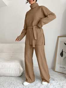 EURMUSE Women's Casual Solid Color Turtleneck Sweater And Knit Pants 2 Pieces Set, Autumn/Winter - Mocha Brown - View 4