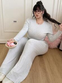 SHEIN EZwear 纯色圆领长袖紧身T恤和运动裤套装，秋冬款 - 淺灰色 - 查看 6