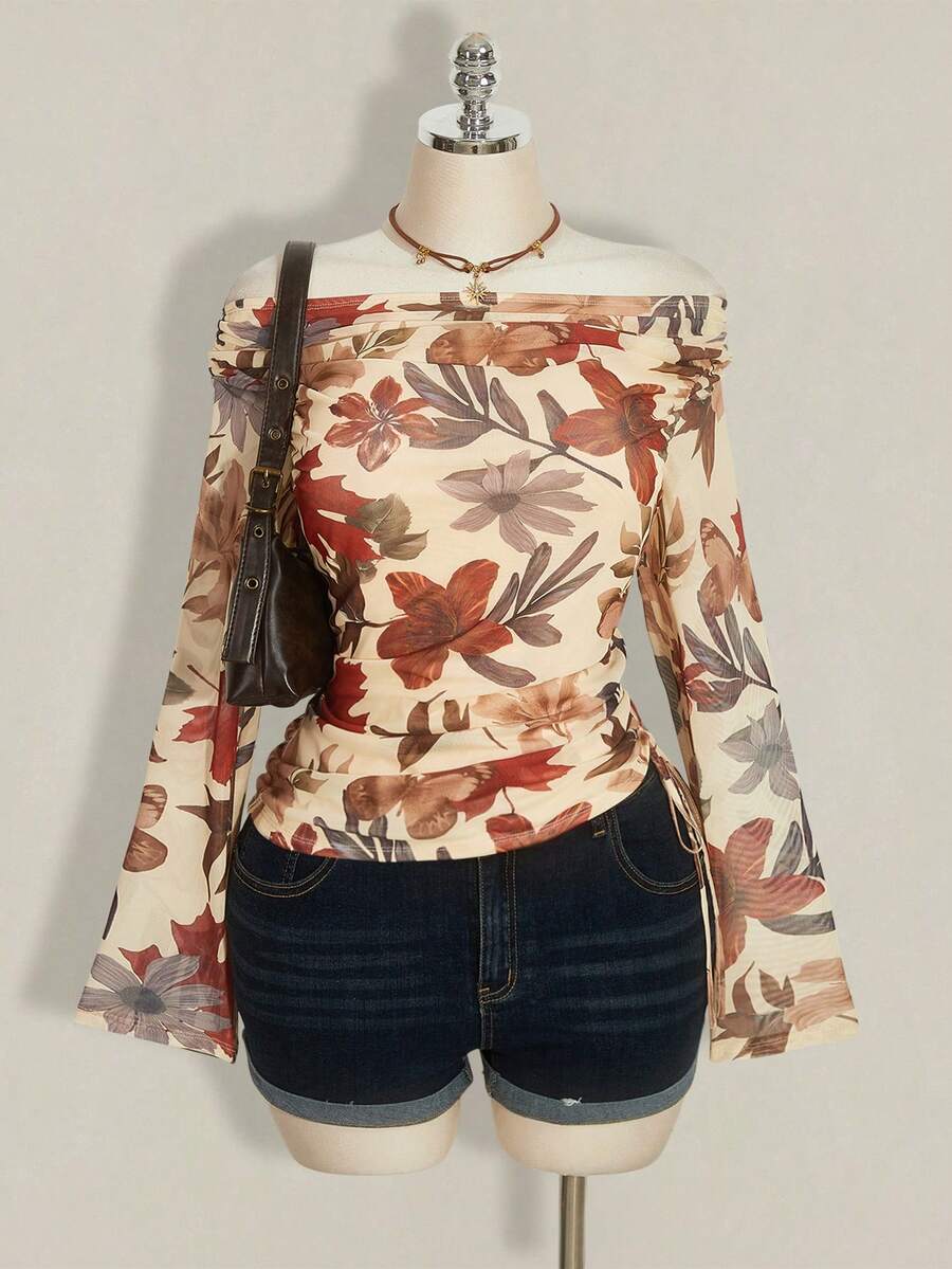 SHEIN ICON Blusa de punto con hombros descubiertos, estampado retro Y2K, malla en los costados y cordón ajustable, talla grande - Albaricoque - Ver 1