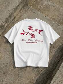 SWAVVY Áo thun nam tay ngắn dáng rộng, thoải mái, in họa tiết hoa hồng nghệ thuật, thích hợp mặc hàng ngày. - trắng - Xem 8