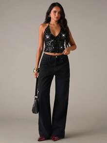 SHEIN BAE قميص كروب أنثوي بياقة عميقة على شكل V وخرز مثير