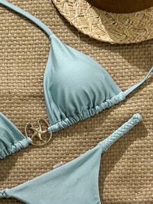 Swim Chiccia Women's Solid Color Spaghetti Strap Metal Decor Thong Bikini 2-Piece Swimwear Set, Summer Beach Holiday - Cadet Blue - View 8