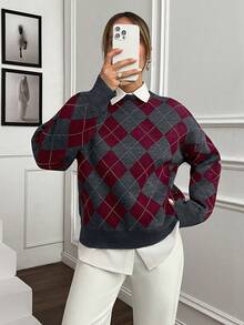 EURMUSE 女士特殊针织钻石图案针织衫超大码 - 白色 - 查看 5