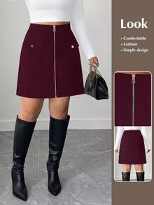 SHEIN Tall CURVE Plus Size Women Solid Color High Waist Zipper Front Casual A-Line Skirt - Burgundy - View 1