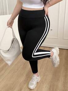 CovetEZ Plus Size Solid Color Patchwork Slim Fit Leggings, Casual Everyday Wear - Black - View 5