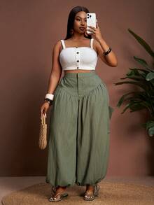 Veslaya Quần ống rộng xếp ly xẻ tà màu trơn dành cho nữ cỡ lớn, có dây rút ở gấu quần, đa năng cho mùa hè/Giáng sinh/Năm mới/Lễ Tạ ơn/Đi biển/Diện mạo thanh lịch/Diện mạo dự tiệc/Đi làm/Hàng ngày/Công sở. - xanh quân đội - Xem 6