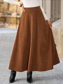 Solivie Falda larga de unicolor para mujer, de moda para el transporte en otoño - Marrón - Ver 3