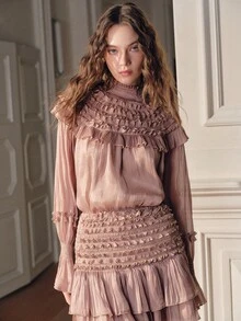 SHEIN Unity Women's Romantic Elegant Ruffled Two Pieces Dress Set, Blouse And Mini Skirt, Shiny Party Outfit With Ruffle Design - Dusty Pink - View 1