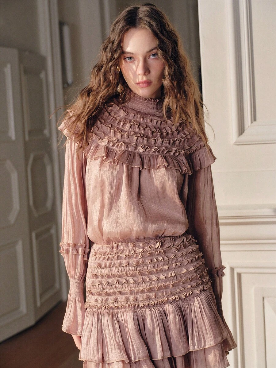 SHEIN Unity Women's Romantic Elegant Ruffled Two Pieces Dress Set, Blouse And Mini Skirt, Shiny Party Outfit With Ruffle Design - Dusty Pink - View 1