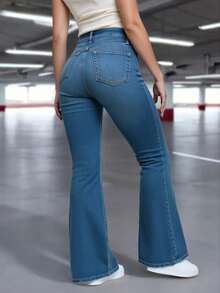 Jeans de dama Flare deslavado 5 bolsas - azul - Ver 2