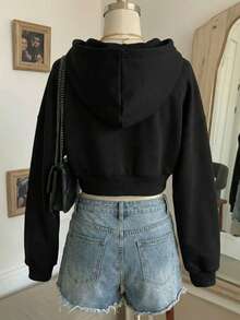 Sudadera CROP hoodie sweatshirt dama mujer gorro capucha manga larga estampado corazón tipo mezclilla otoño invierno - Negro - Ver 3