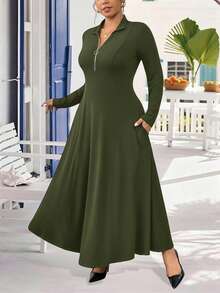 Elenzga 大码柔软针织面料翻领拉链装饰长袖收腰连衣裙，休闲百搭，适合外出、聚会、约会和居家穿着。 - 軍綠色 - 查看 8