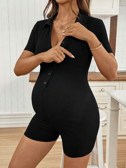 SHEIN Maternity Casual Solid Color Short Sleeve Slim Jumpsuit, Summer