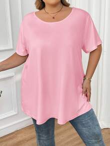 SHEIN CURVE+ Áo thun tay ngắn màu trơn cỡ lớn, thường ngày, mùa hè - Hồng - Xem 3