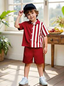 SHEIN Genkimix Kids 2件套男童条纹前开襟休闲短袖衬衫，夏季 - 酒紅色 - 查看 8