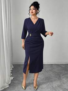 Modelyn Plus Size Women Solid Color Pleated Elegant Slim Waist Dress - Royal Blue - View 3