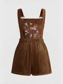ROMWE Fairycore Spring/Summer Plus Size Retro Forest Fox Embroidered Corduroy Jumpsuit - Brown - View 2