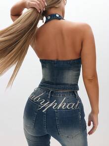 BABYPHAT Stretch Denim Zip Front Halter Neck Crop Top With Distressed Details And Fitted Silhouette For Casual Summer Outfits - Dark Wash - View 2