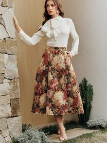 Anewsta 女士优雅高腰A字喇叭裙，复古艺术油画花卉图案，复古宫廷风，春夏款 - 彩色 - 查看 6