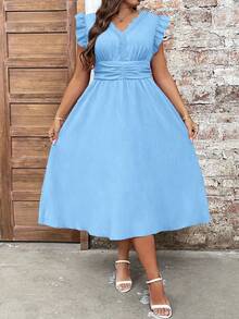 SHEIN Clasi Plus Size Elegant Vacation Casual Lace Patchwork V-Neck Waist Tie Dress - Blue - View 3