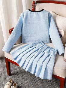 少女法式蝴蝶结单排扣外套和高腰百褶迷你裙两件套 - 藍色 - 查看 2