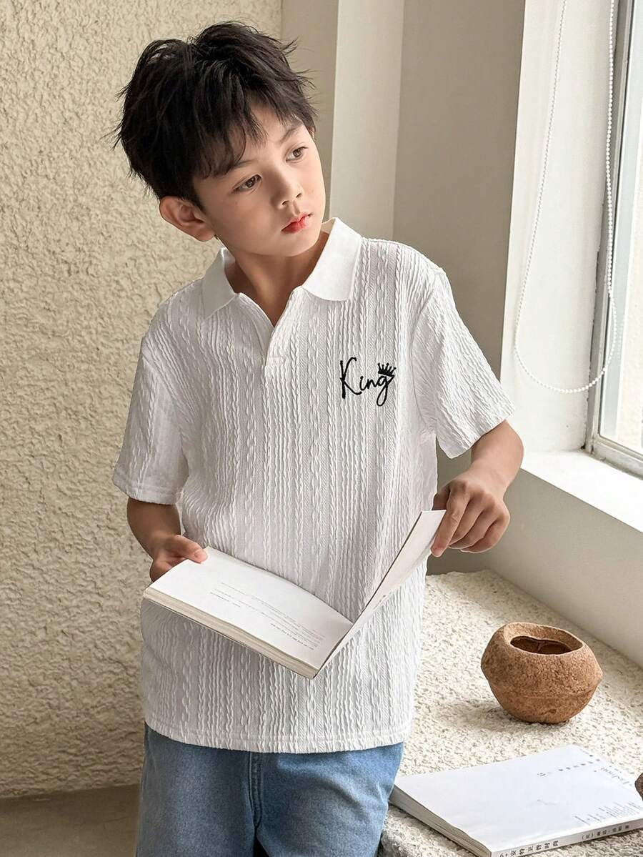 SHEIN Little Byeori 男童纯色短袖翻领Polo衫 - 白色 - 查看 1