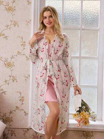 SHEIN 2 Stücke Blume Muster leichte transparente Jacke & Satin Trägerkleid Set