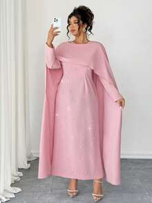 Elenzga Đầm dạ hội mùa đông sang trọng, thanh lịch dành cho nữ cỡ lớn, thiết kế tối giản cổ tròn tay dài, khăn choàng vai đính ngọc trai 3D, đầm dài dự tiệc thắt eo. - Hồng - Xem 5