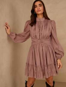 Enchnt 女士纯色立领灯笼袖荷叶边下摆时尚连衣裙 - 棕色 - 查看 4