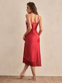 Charlaine Lace Patchwork Satin-Like Women's Spaghetti Strap Long Nightgown, Luxury Ladies Sleepwear - Burgundy - View 2