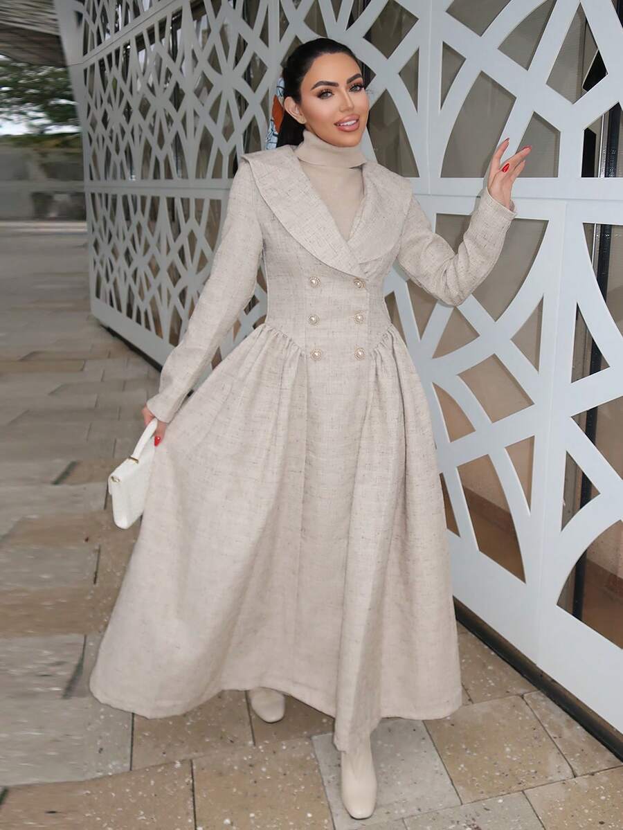 Durrani Popal Elegant & Chic French Style Lapel Long Sleeve Double-Breasted Pearl Button Decor Pleated A-Line Overcoat, Beige - Khaki - View 1