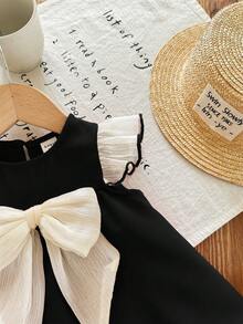 SHEIN LMoss Kids 可爱黑色蝴蝶结短袖上衣，夏季百搭，女宝宝款 - 黑色 - 查看 4